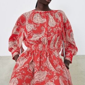Zara Red and Cream Paisley Long Sleeve Dress